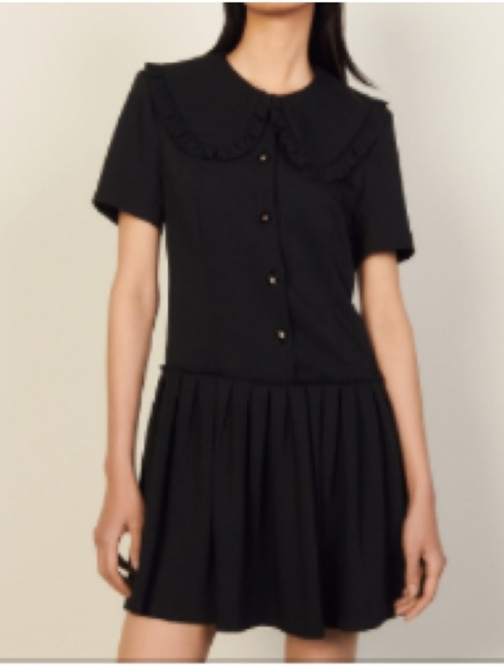 SANDRO Black Short-Sleeve Pleated Dress with Peter Pan Collar